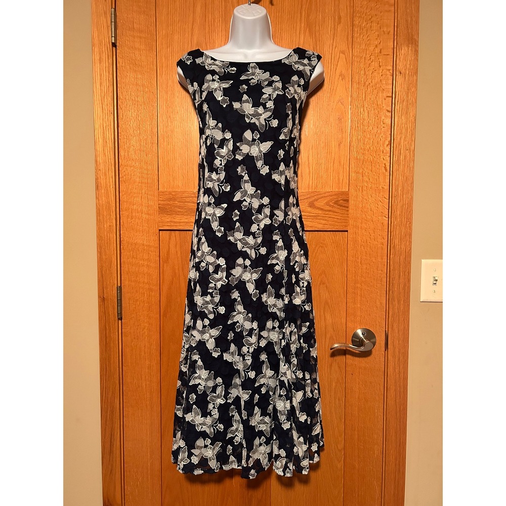 Tiana B Navy Blue White Butterfly Lace Midi Dress Sleeveless V-Back Size 16